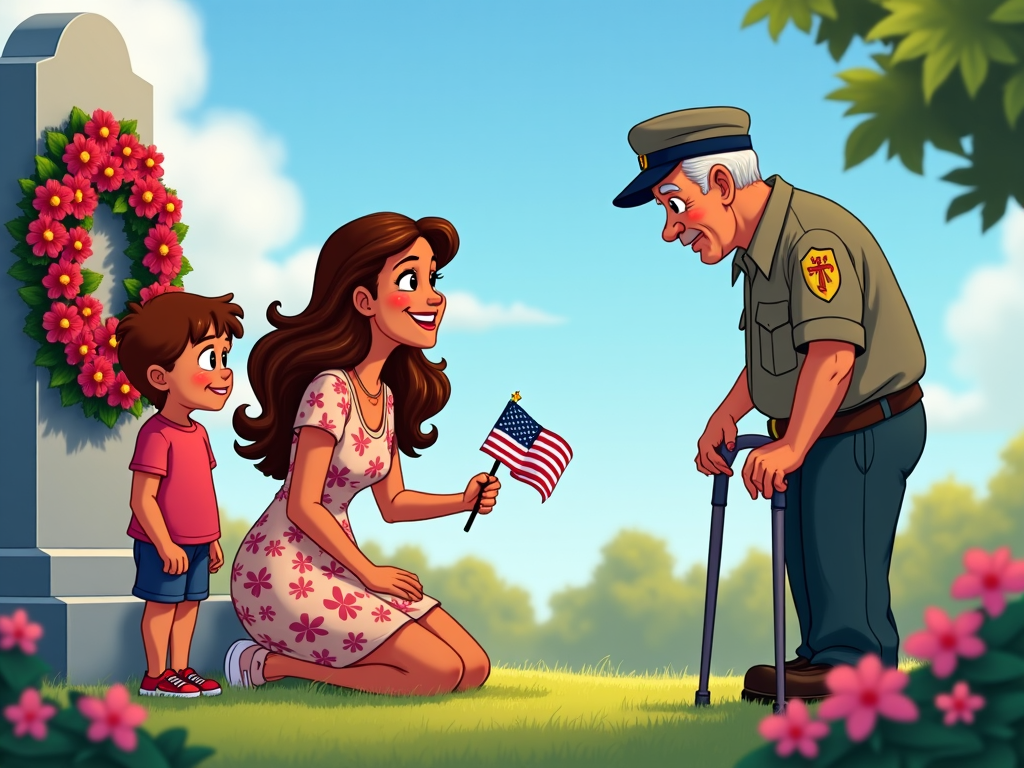 A cartoon depiction of a family visiting a veteran's memorial. A mother explains its significance to her curious children while holding miniature flags. The veteran beside them is depicted with a walking cane, respectfully saluting a wreath-laden monument set against a backdrop of a serene, flower-filled landscape.