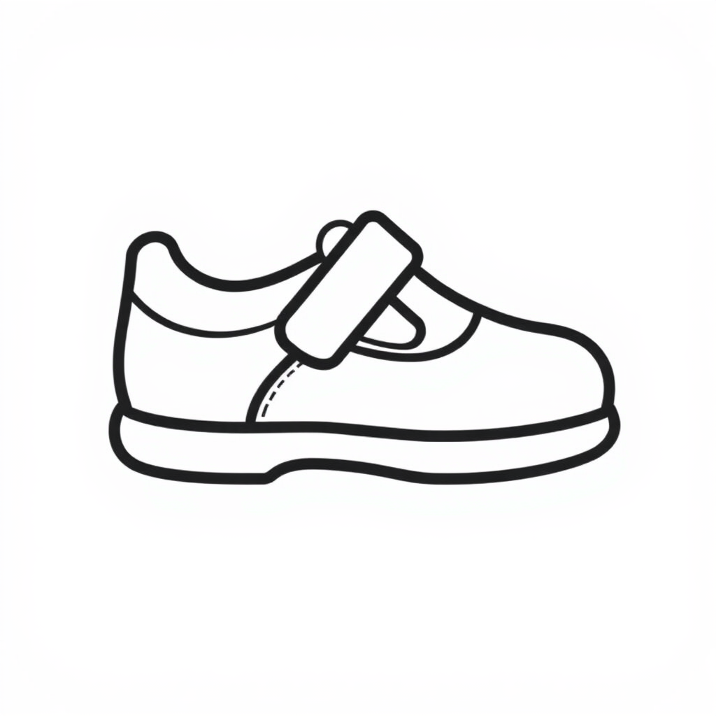 A simple outline of a child's shoe, perhaps with a rounded toe and a small strap.