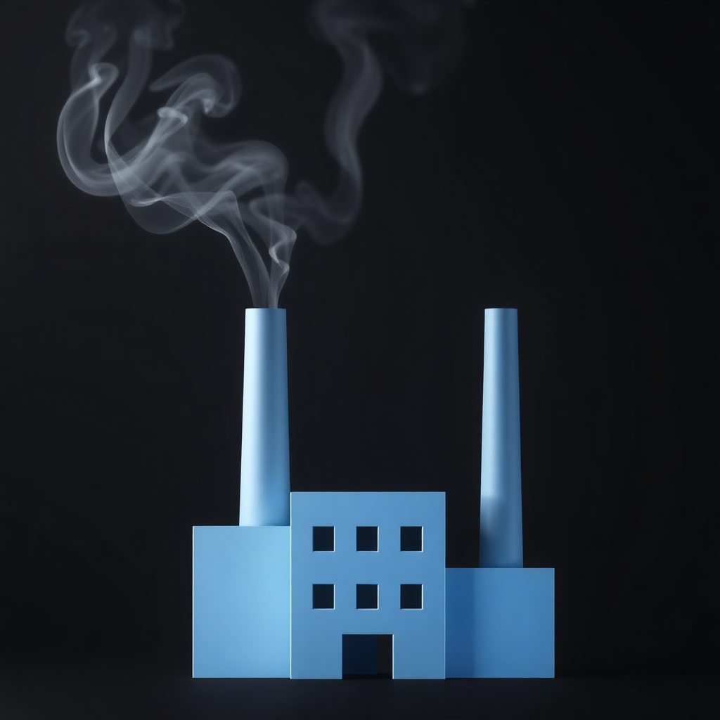 The image is a digital illustration of a factory building with two tall chimneys. The building is blue in color and has multiple windows on the front. The chimneys are tall and cylindrical, with a white smoke billowing out of them. The background is black, making the blue building stand out. The smoke is white and appears to be rising from the chimneys, creating a hazy effect. The overall mood of the image is dark and mysterious.