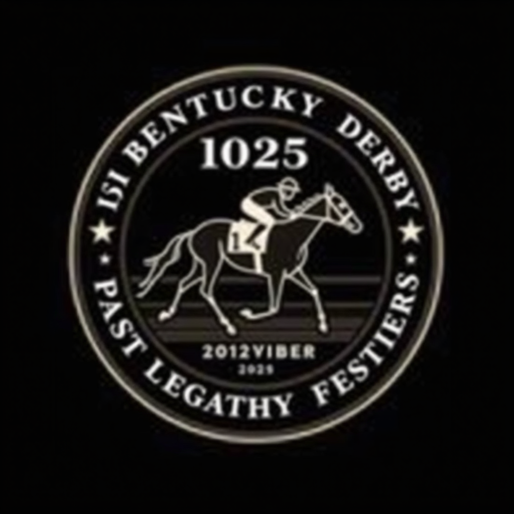 Simple Logo Idea: A commemorative circular badge logo for the '151st Kentucky Derby 2025', featuring a silhouette of a racehorse and jockey in the center, surrounded by the event text and perhaps small star motifs representing past champions.