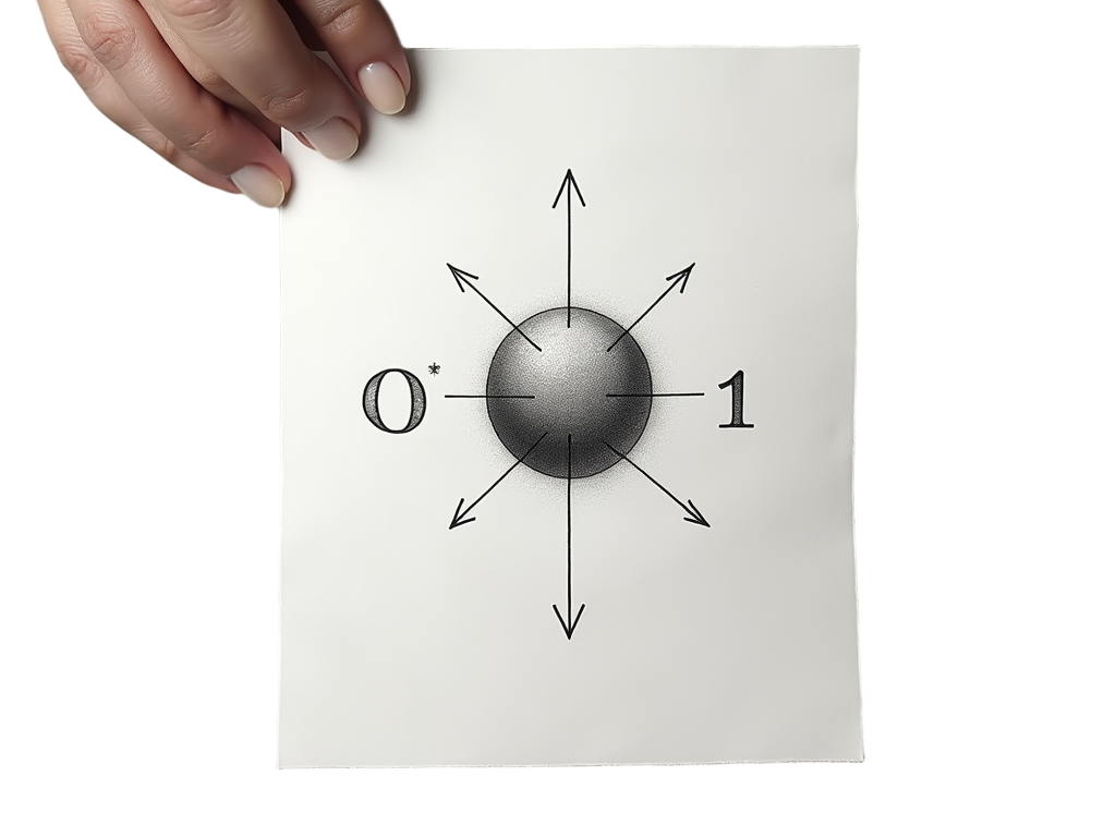 A minimalist depiction of a qubit, such as a Bloch sphere with an arrow ambiguously pointing to both '0' and '1' poles, or stylized '0' and '1' digits overlapping and semi-transparent.