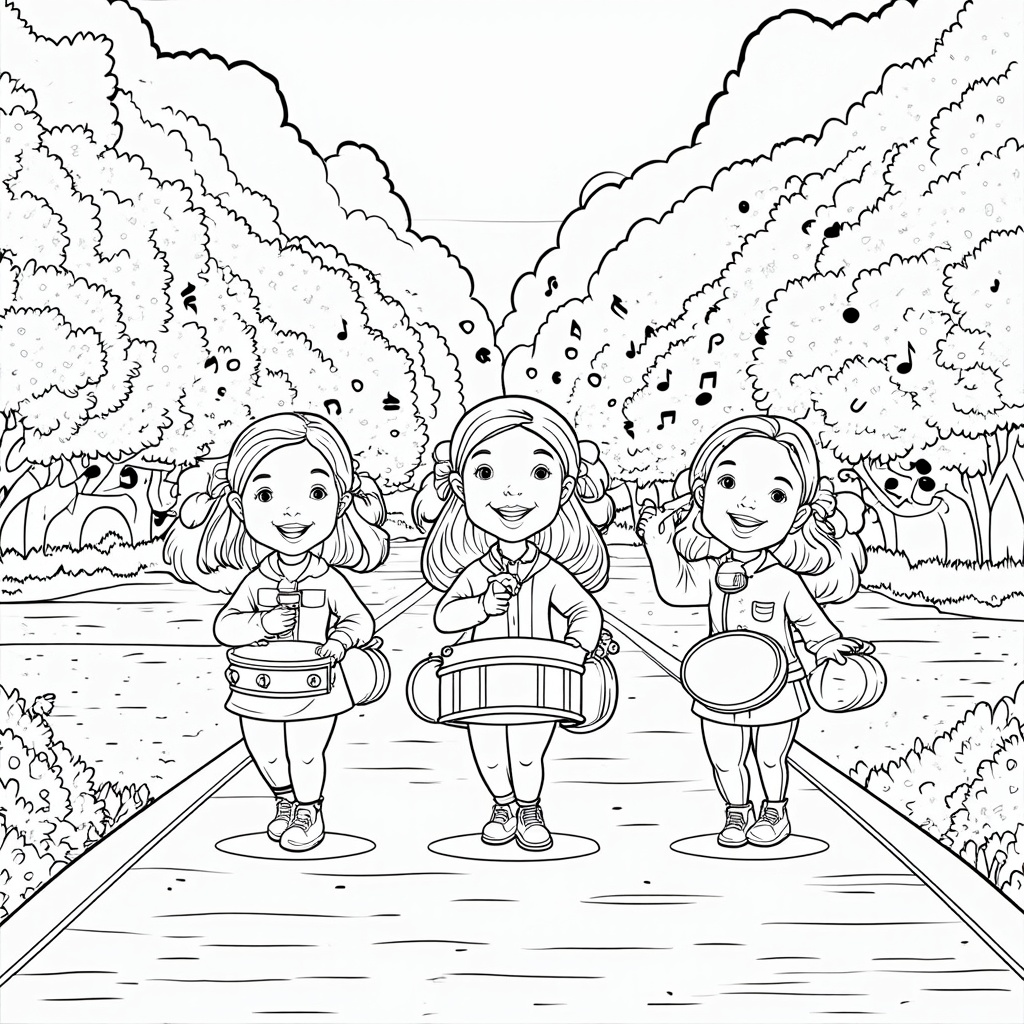 A scene depicting a small marching band of children playing various instruments (toy drums, kazoos, recorders) with musical notes and flowers swirling around them. Include happy, expressive faces.