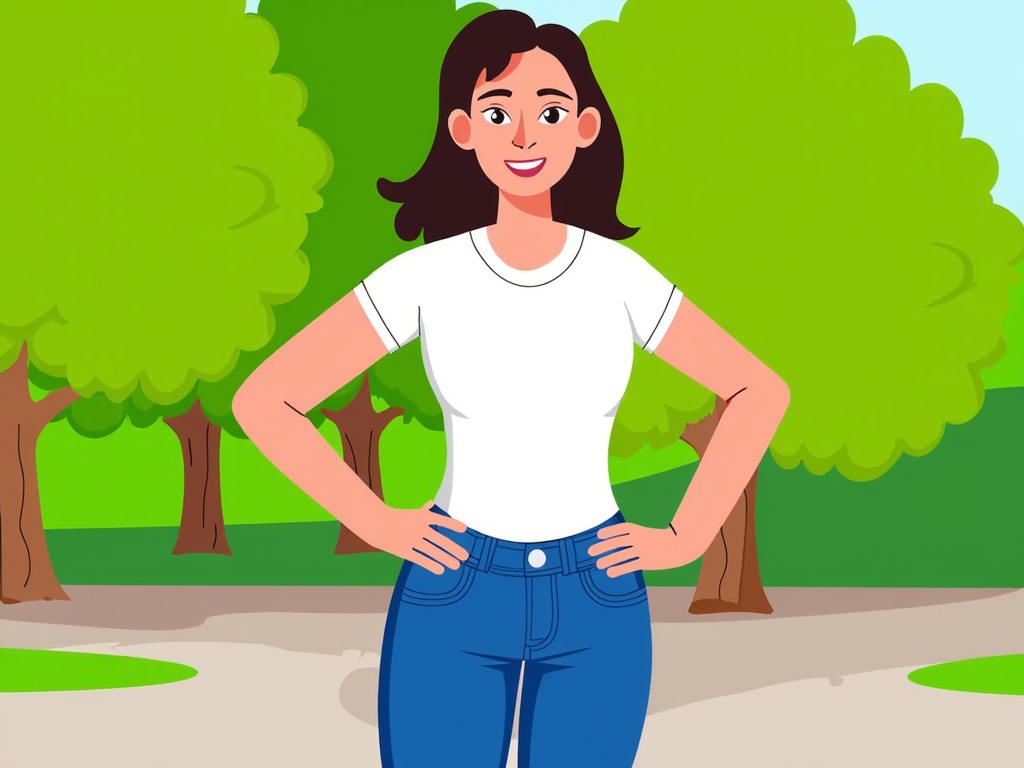  a young woman standing in a park with her hands on her hips. She is wearing a white t-shirt and blue jeans. She has long dark hair and is smiling at the camera. The background is filled with trees and greenery, and there is a path leading away from the woman. The sky is blue and the overall mood of the image is happy and relaxed.