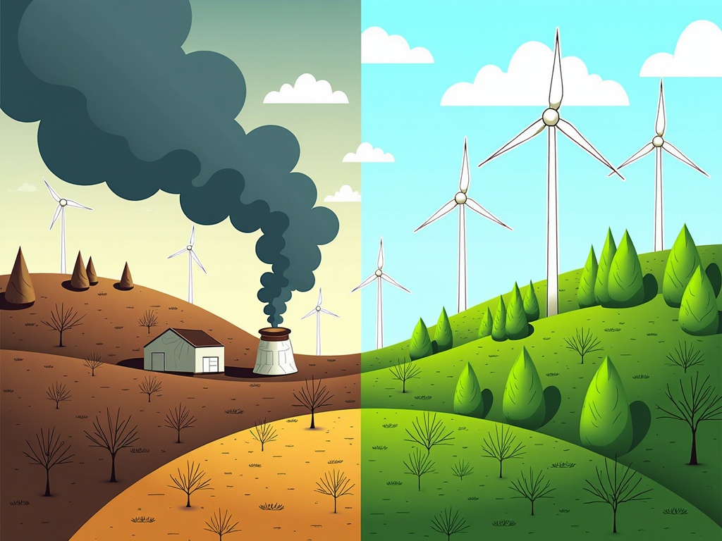 Visualize a 'before and after' concept: one side showing a landscape blighted by fossil fuel pollution, transitioning to the other side depicting the same landscape revitalized and powered by clean, renewable energy, highlighting hope and transformation.