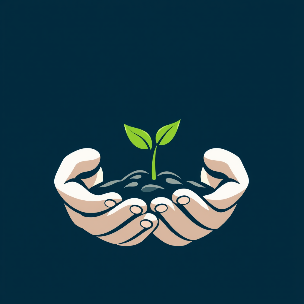 Simple Logo Idea: A vibrant green sprout held within the palms of two simplified, abstract young hands, symbolizing youth actively nurturing a hopeful, sustainable future.