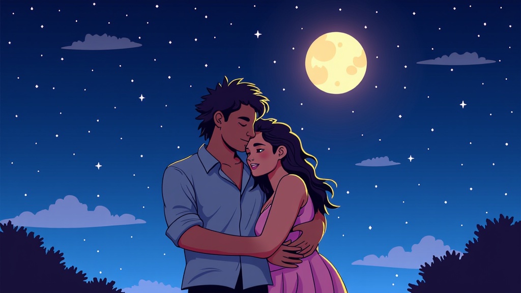 Starry sky background with a couple embracing, bathed in soft moonlight