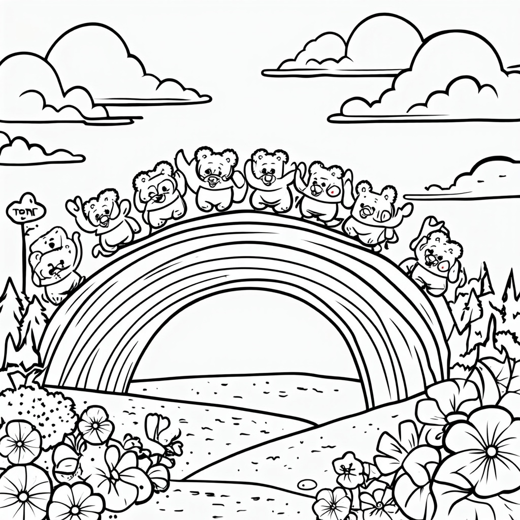 Gummy Bears at the Rainbow's Start: A vibrant scene depicting multiple colorful gummy bears, each with excited expressions, just beginning their adventure onto a broad, clearly defined striped rainbow. Foreground elements include oversized candy flowers and lollipop trees, with a bright sky and fluffy clouds in the background. Individual gummy bears can be shown waving or carrying tiny adventure gear.