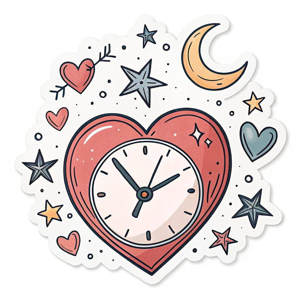 A sticker featuring a stylized clock with a heart instead of the clock face, surrounded by romantic elements like stars or a moon.