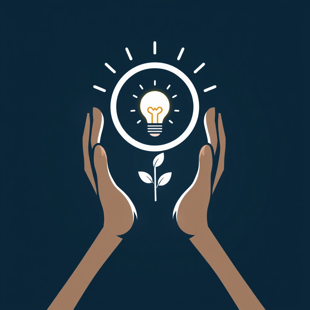 Stylized hands reaching upwards to support an icon representing a safe outcome, like a glowing lightbulb (ideas/prevention) or a seedling (growth/well-being).