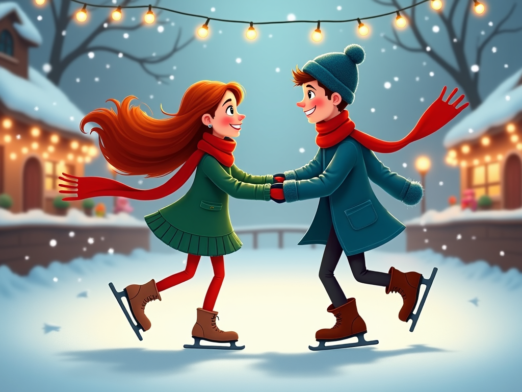 A cartoon couple ice skating in a festive rink, swirling gracefully with scarves trailing behind them under twinkling fairy lights.