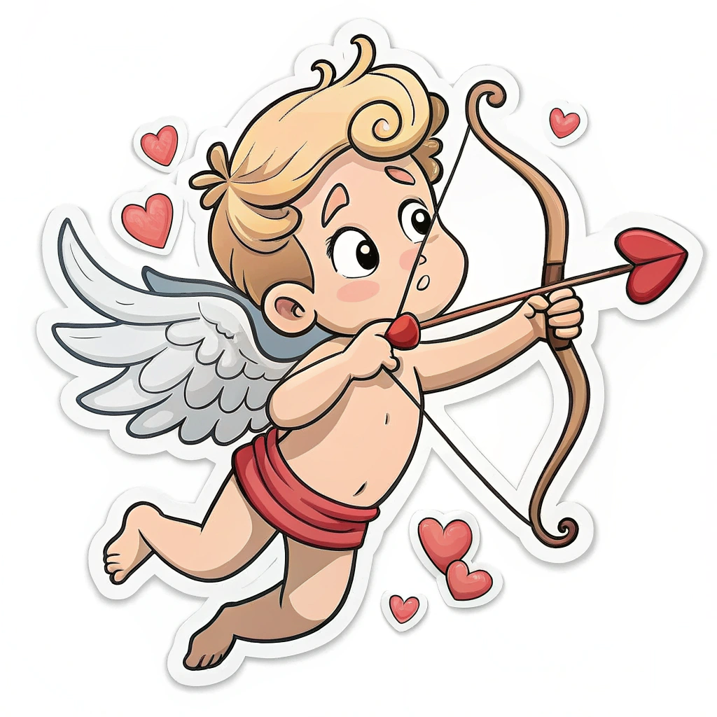 A sticker with a playful twist, showing a cartoon Cupid struggling to aim the arrow