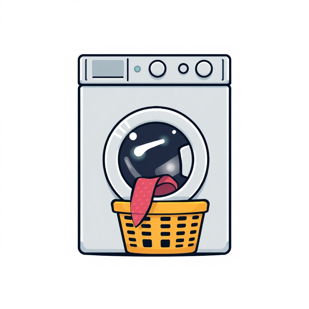 The image shows a cartoon washing machine with a basket full of clothes inside. The basket is overflowing with colorful clothes, and the washing machine itself is a bright yellow color.