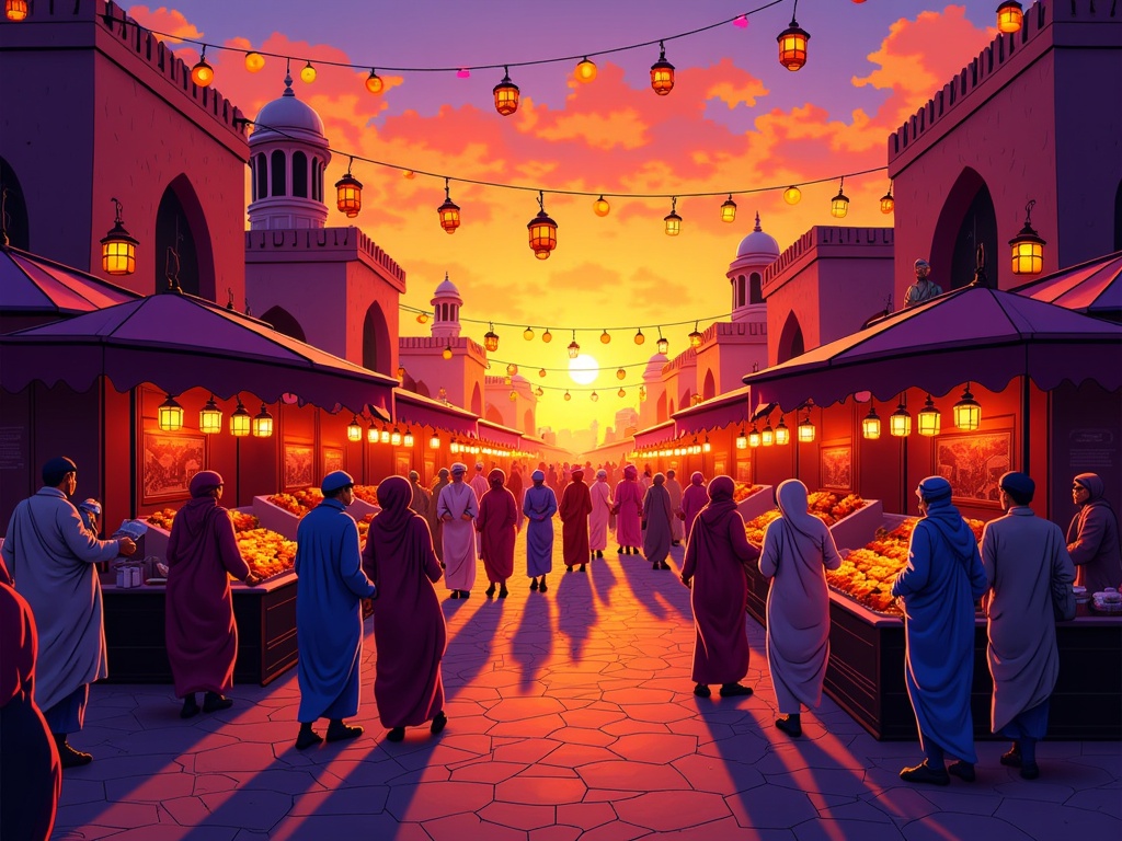 Dusk Market Transition: Illustrate a vibrant Arabian marketplace scene as dusk settles. Focus on the warm, fading sunlight (oranges, deep reds, purples) interacting with the first emerging glows from lanterns and stalls, casting long shadows and highlighting bustling activity.