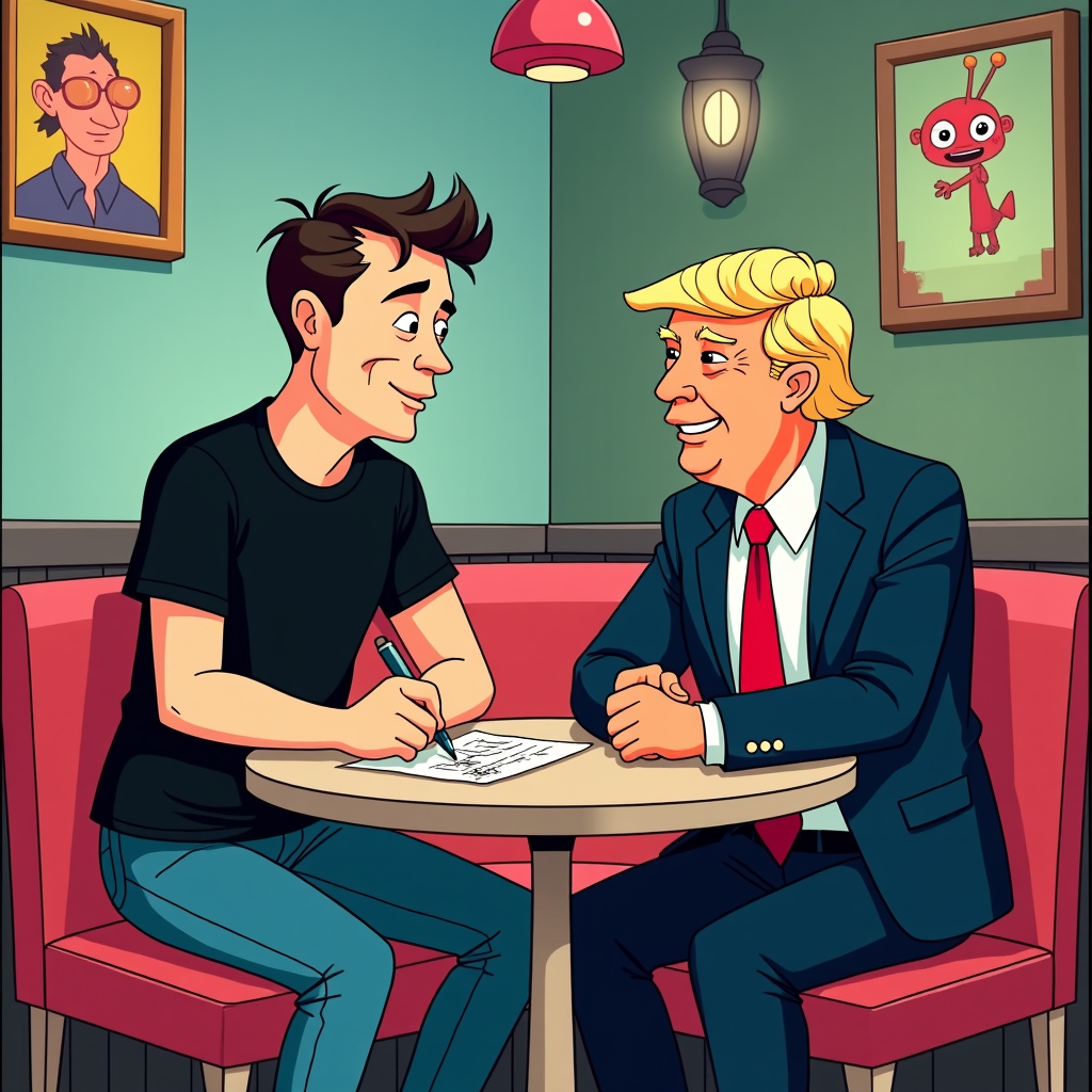 A witty comic strip with Elon Musk sketching future transport systems on a napkin while Donald Trump looks on, nodding in approval.