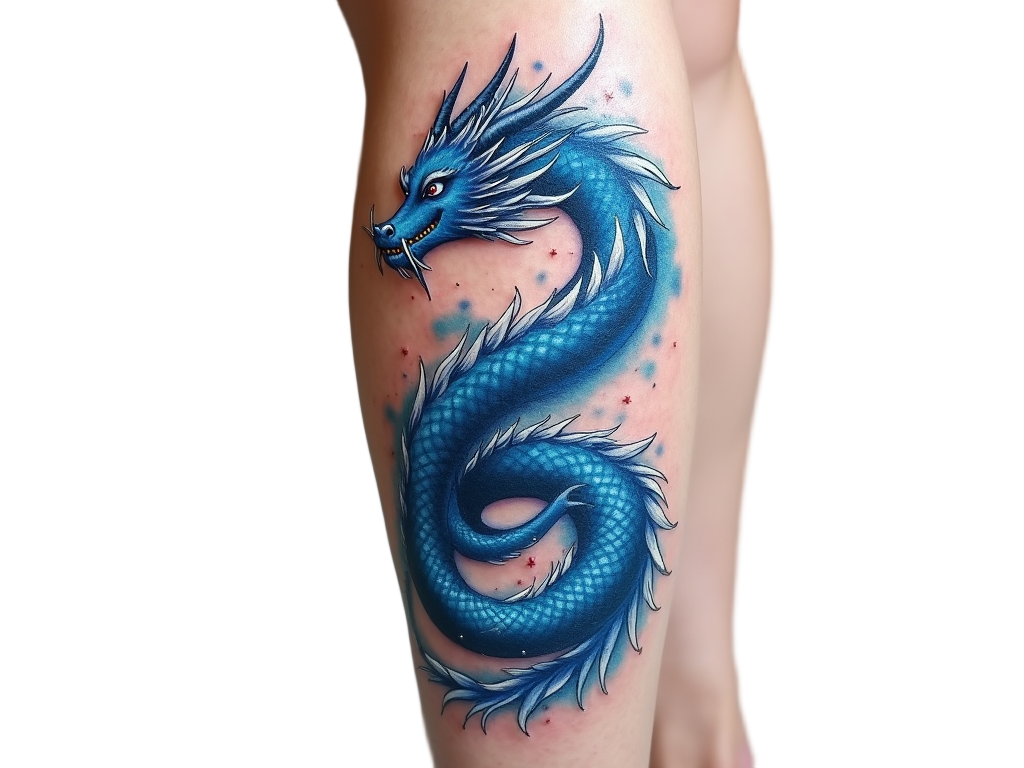 An azure sky dragon tattoo coils elegantly down a leg, its scales shimmering in celestial blues and whites, a symbol of guardianship and aspiration.