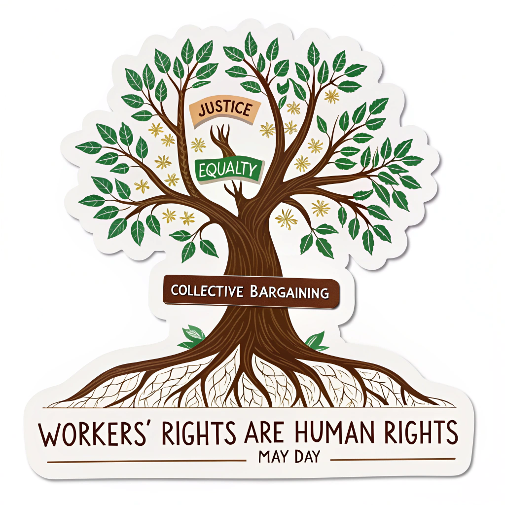 Graphic of a strong tree with deep roots labeled 'Collective Bargaining', branches holding signs like 'Justice', 'Equality'. Text: 'Workers' Rights are Human Rights - May Day'.