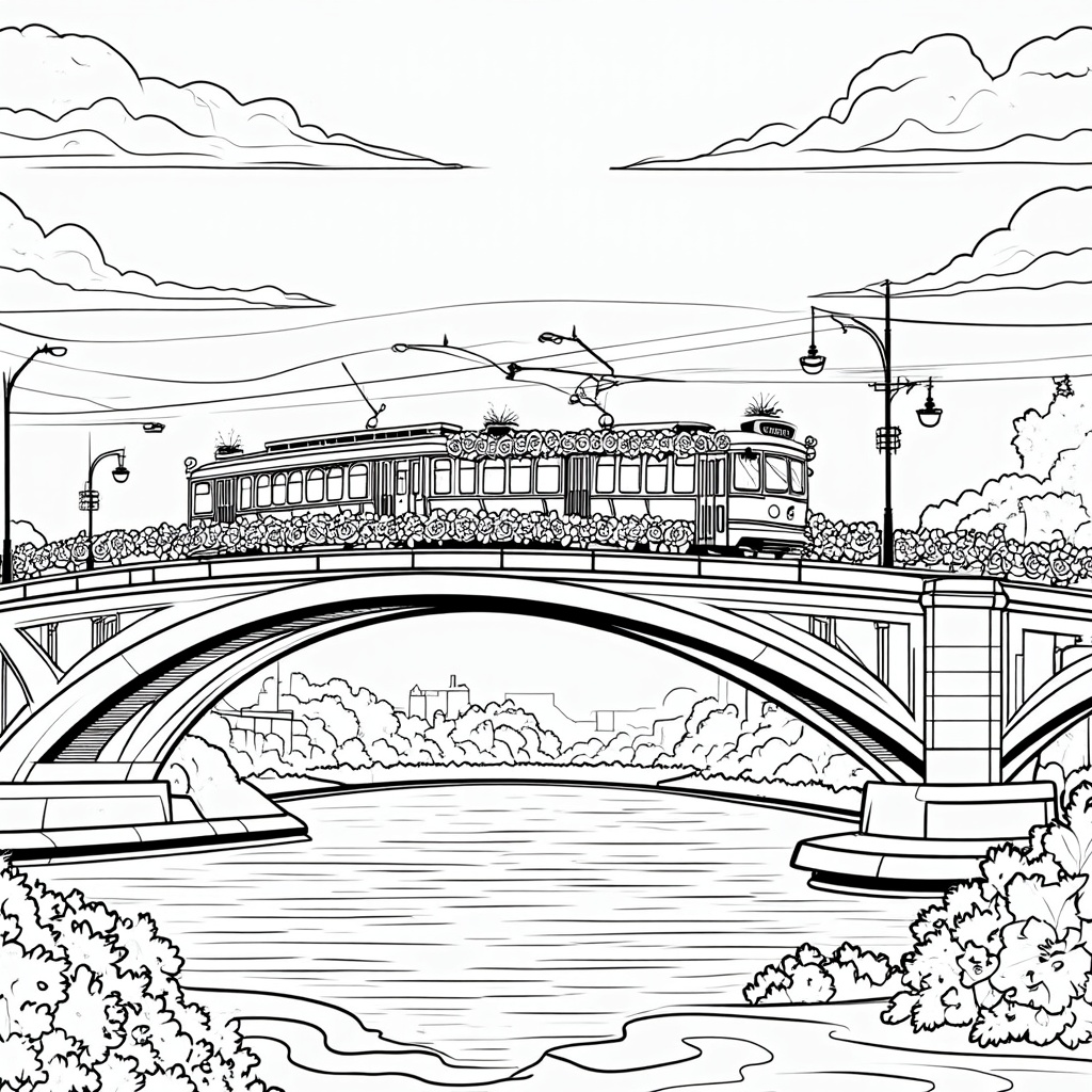 Coloring Page Design 3: The Hawthorne Bridge with a classic Portland streetcar crossing it. Both the bridge's trusses and the streetcar are adorned with festive rose garlands and floral arrangements, with the river and cityscape elements below.