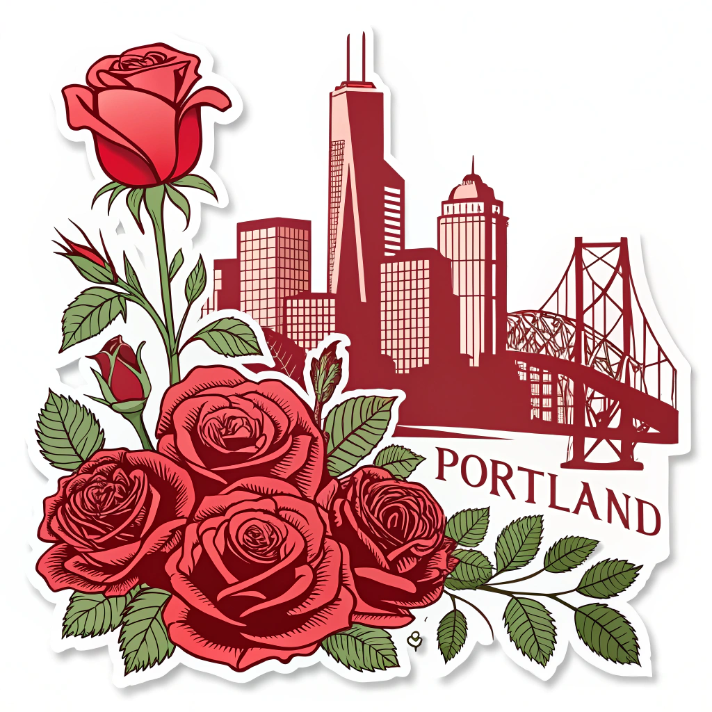Silhouette Skyline with Rose Bloom: A sticker featuring the iconic Portland skyline (e.g., Wells Fargo Center, US Bancorp Tower, Fremont Bridge) as a solid silhouette, with a large, detailed rose blooming prominently in the foreground or appearing to 'grow' from the city outline. The rose could be in classic red or festival colors.