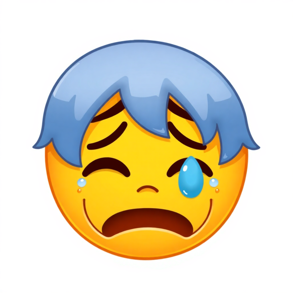 The image shows an animated yellow smiley face with blue hair and tears streaming down its face, set against a white background.