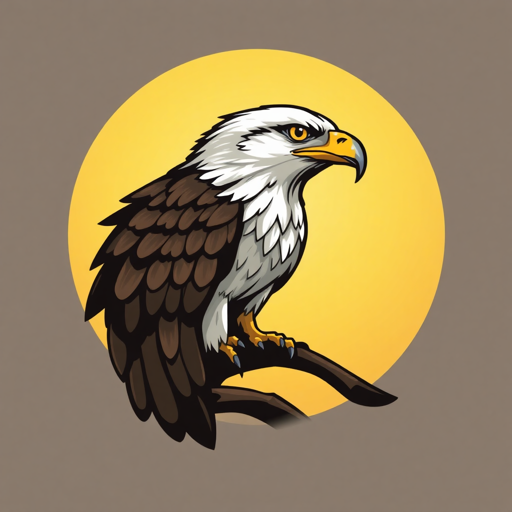 The image is a digital illustration of a bald eagle perched on a branch. The eagle is facing towards the right side of the image, with its head turned slightly to the left. Its wings are spread out and its talons are gripping the branch tightly. Its beak is yellow and its eyes are a piercing yellow. The background is a bright yellow circle, which is the focal point of the illustration. The overall color scheme is predominantly brown and white, with hints of orange and yellow.