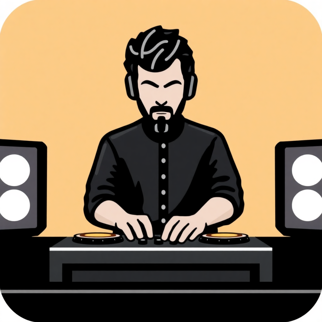 The image is an illustration of a DJ playing music on a turntable. The DJ is wearing a black shirt and has a beard and mustache. He is standing behind a desk with two speakers on either side of him. The background is a light orange color. The image is in a square shape with a black border.