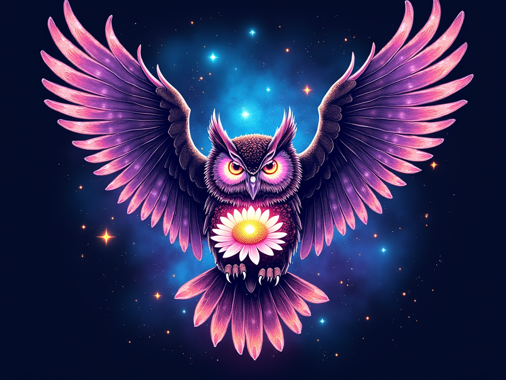 A celestial owl, an EDC icon, with wings made of swirling galaxies and eyes like bright pulsars. It's clutching a glowing daisy that emits sound waves, creating a 'bass drop' effect visible as ripples in the cosmic dust around it.