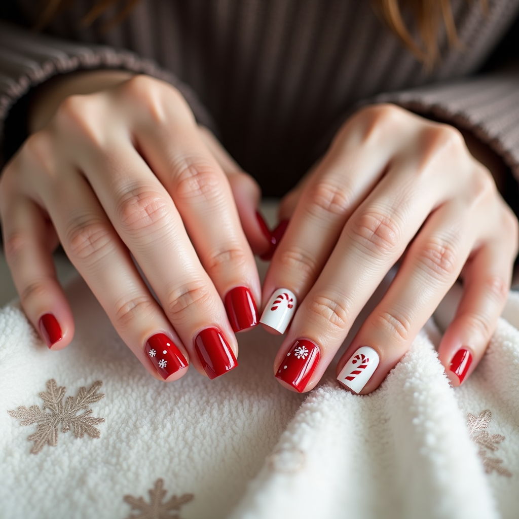  a pair of hands resting on a white blanket with snowflakes on it. The hands are resting on top of the blanket, with the fingers slightly curled and the nails painted in a bright red color. The nails are decorated with small white snowflake designs on each ring finger. The background is blurred, but it appears to be a close-up of a person's hands. The overall mood of the image is festive and wintery.