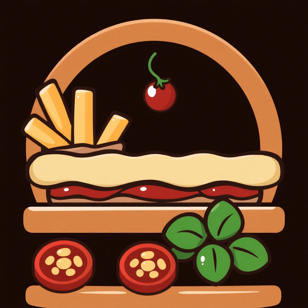 The image shows a basket filled with a hamburger, french fries, tomatoes, and leaves. The hamburger is animated, giving it a lively and inviting look. The french fries are golden and crispy, and the tomatoes are bright red. The leaves are a vibrant green, adding a pop of color to the image.