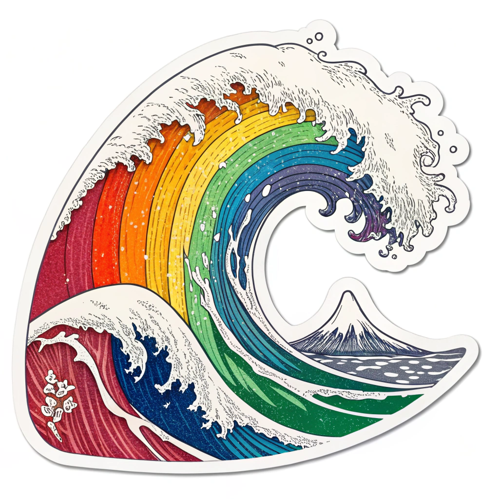 Iconic Wave Crest: A bold yet minimalist abstract rainbow wave, possibly forming a crest or a simple swirl, making a direct and memorable statement for the WP2025 sticker.
