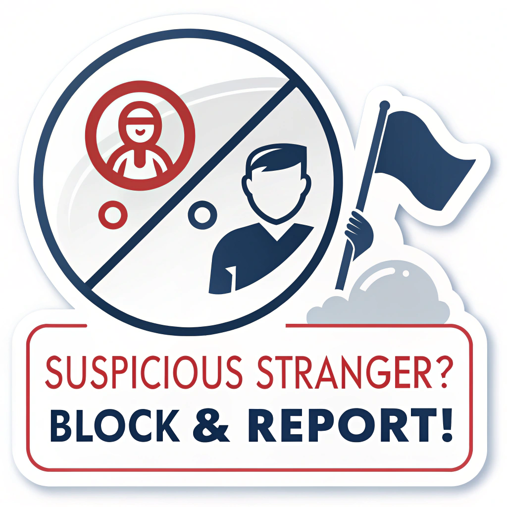 Sub Design 4: Sticker with clear 'Block User' (e.g., circle with a line through it) and 'Report Abuse' (e.g., flag) icons, accompanied by text like 'Suspicious Stranger? Block & Report!'