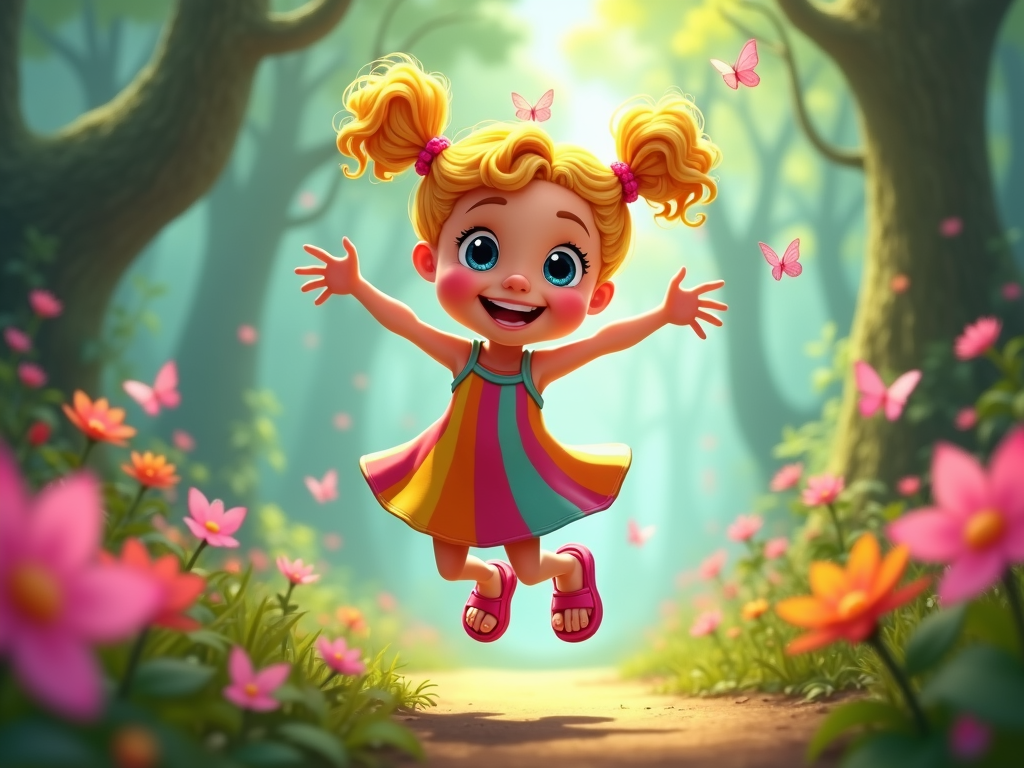 The image is a digital illustration of a little girl with blonde hair and blue eyes, wearing a colorful dress and pink sandals. She is standing in a forest with tall trees and pink flowers on either side of her. The girl is in mid-air, with her arms stretched out to the sides and a big smile on her face. There are several pink butterflies fluttering around her, adding a touch of whimsy to the scene. The background is blurred, but it appears to be a sunny day with a blue sky. The overall mood of the image is cheerful and playful.