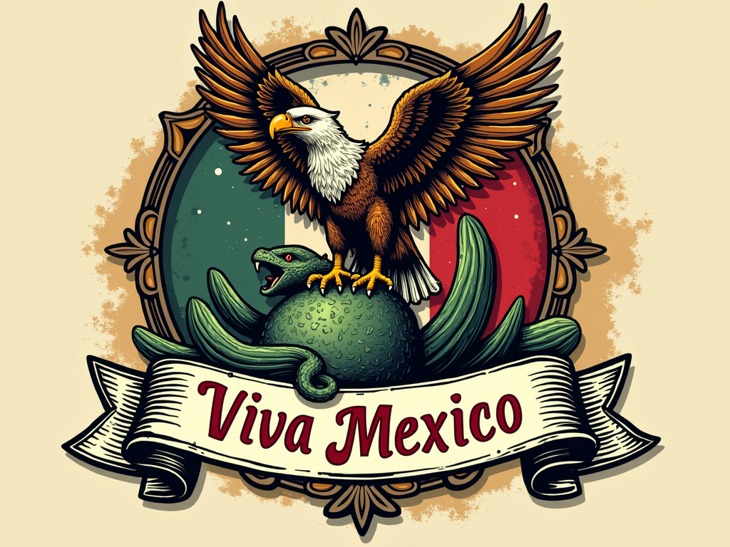 A vintage-style T-shirt design. It features a centrally placed, detailed illustration of the Mexican eagle on a nopal cactus devouring a serpent, rendered in a slightly distressed, retro art style. This central emblem is framed by ornate scrolls or banners in the colors of the Mexican flag. The phrase 'Viva México' is incorporated in a classic, perhaps slightly weathered, typeface within the banner elements or below the central design.
