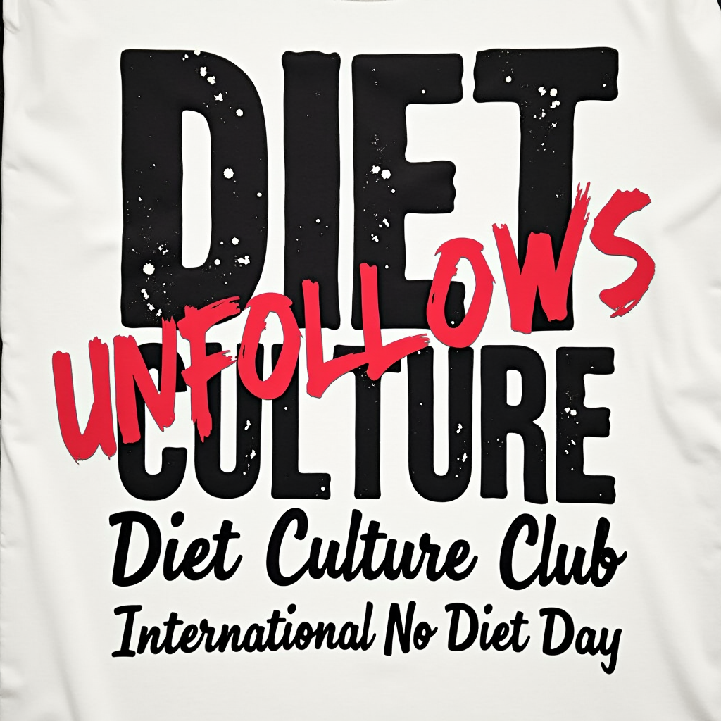Design 5: 'Bold Typographic Statement' Concept - A design focused on strong typography. 'DIET CULTURE' could be crossed out, with 'UNFOLLOW' written boldly over or beside it. The phrase 'Unfollow Diet Culture Club' would be the main heading, with 'International No Diet Day' as a subheading. Minimal graphics, maximum impact through lettering.