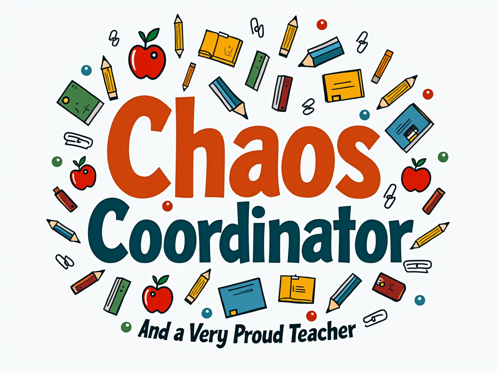 T-shirt design featuring 'Chaos Coordinator' in a dynamic, friendly font. Surrounding the text, a playful arrangement of small classroom item icons (e.g., pencils, books, apples, paperclips) depicted as if caught in a gentle, organized whirlwind. Sub-text below: 'And a Very Proud Teacher'.