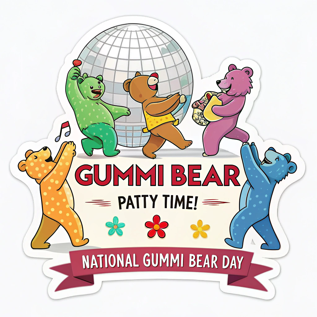Sub Design Idea 1: A group of colorful Gummi Bears dancing under a shimmering disco ball (perhaps even shaped like a giant gummi bear). The text 'Gummi Bear Party Time!' in a bold, festive font, with 'National Gummi Bear Day' displayed in a banner below.