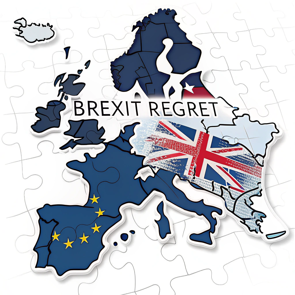 Craft a sticker featuring a puzzle where a piece representing the UK is missing from the European map. The missing piece could have the words 'Brexit Regret' written on it. This visually represents the feeling of incompleteness and loss within the EU due to Brexit.