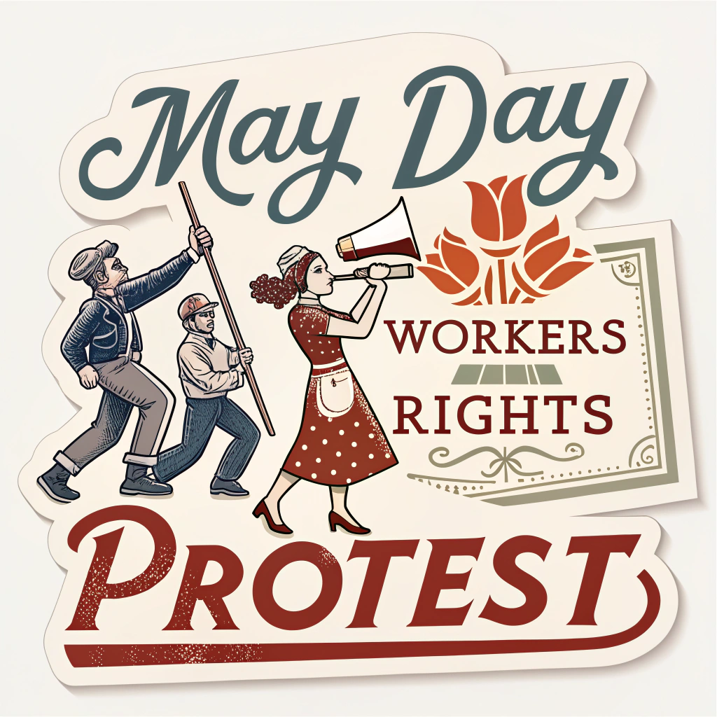 Translated Text: May Day Protest Stickers - Vintage Labor Movement Homage Stickers