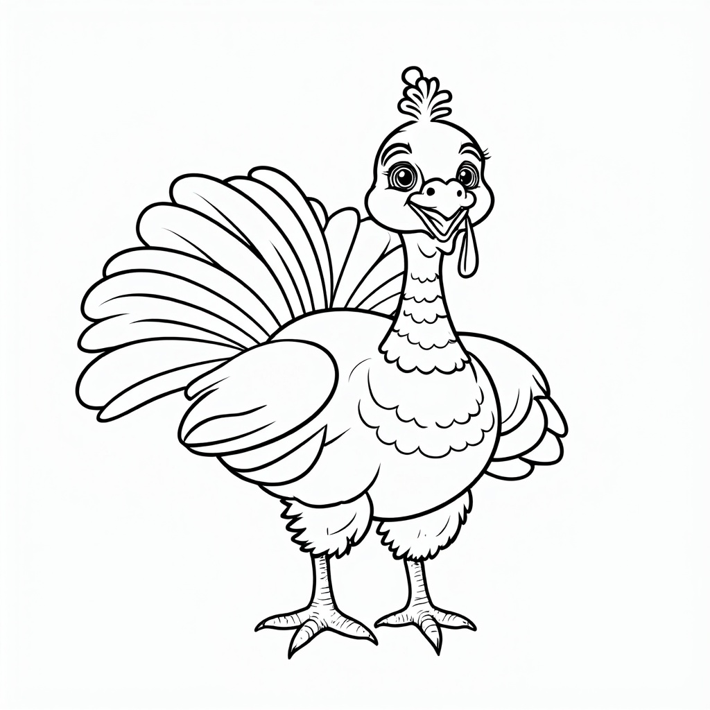 Playful turkey drawing with a smile, big round eyes, and a tail spread wide like a fan.