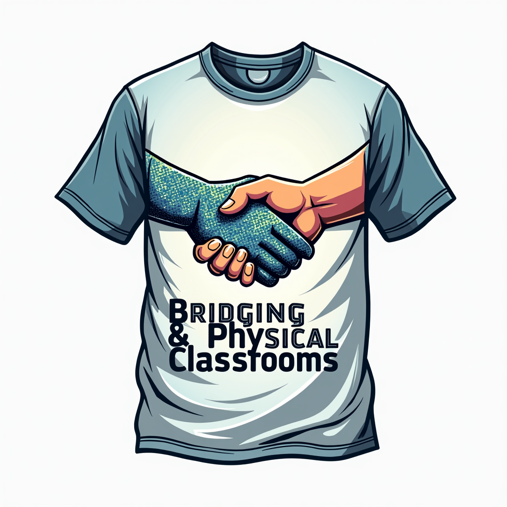 Depict two hands, one pixelated (digital) and one solid (physical), shaking hands or linking fingers, symbolizing the connection. The tagline 'Bridging Digital & Physical Classrooms' can be placed below.