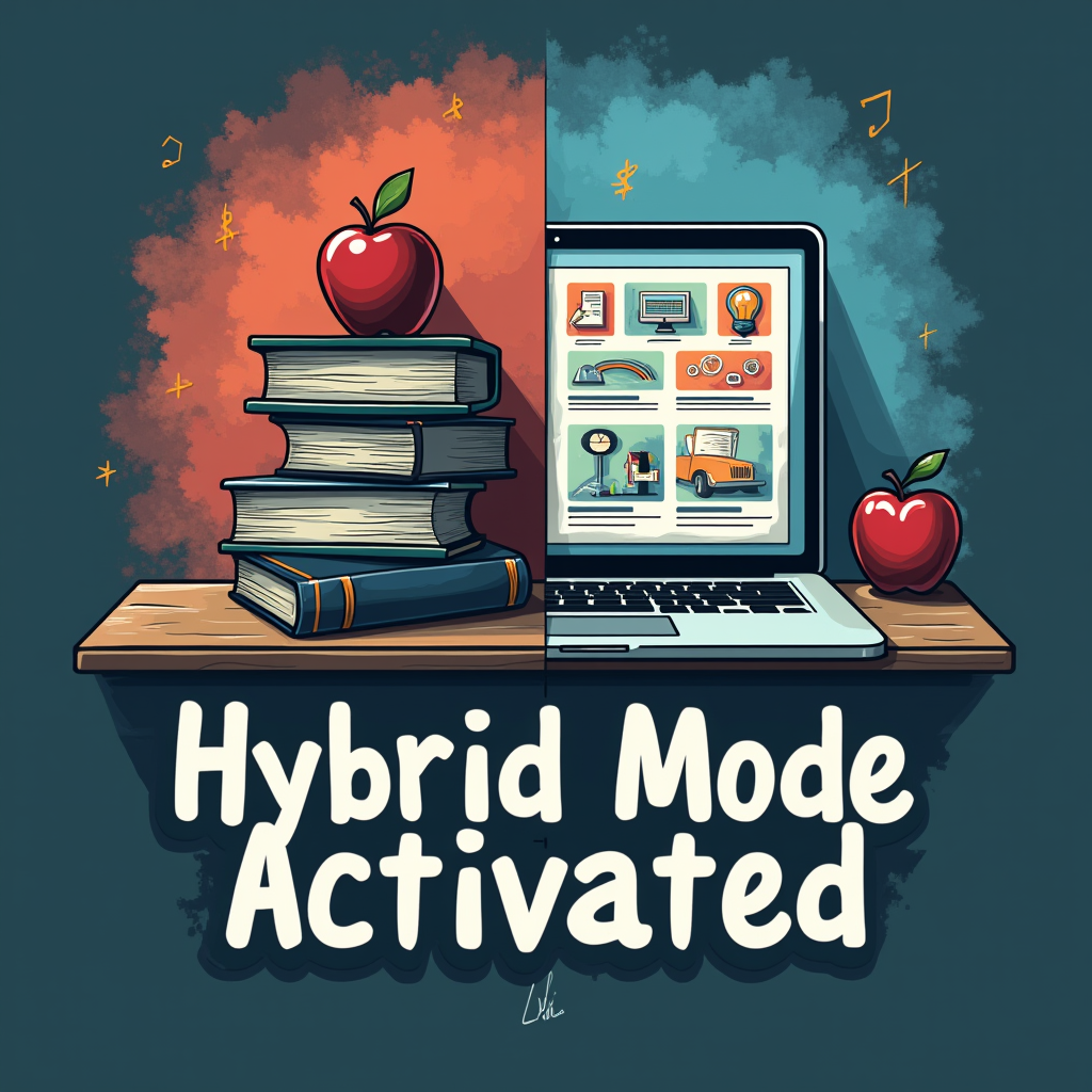 A graphic depicting a split image: one half showing a traditional classroom desk with books, the other half showing a laptop screen with online learning tools. The text 'Hybrid Mode Activated' is prominently displayed below or above.