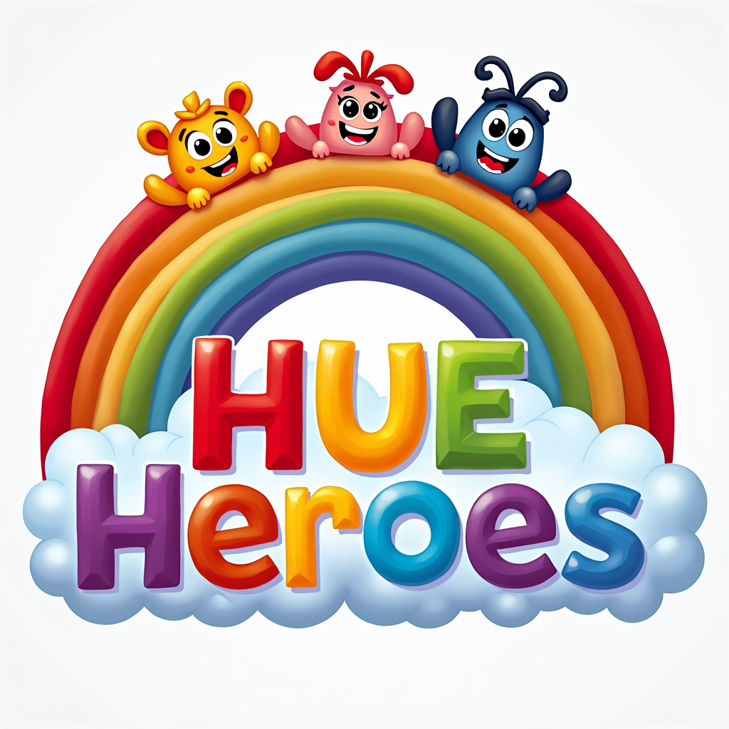 A vibrant, stylized logo featuring a rainbow arc with cartoon-like characters (the 'Hue Heroes') peeking over it. The font should be playful and bold, reflecting the series' tone.