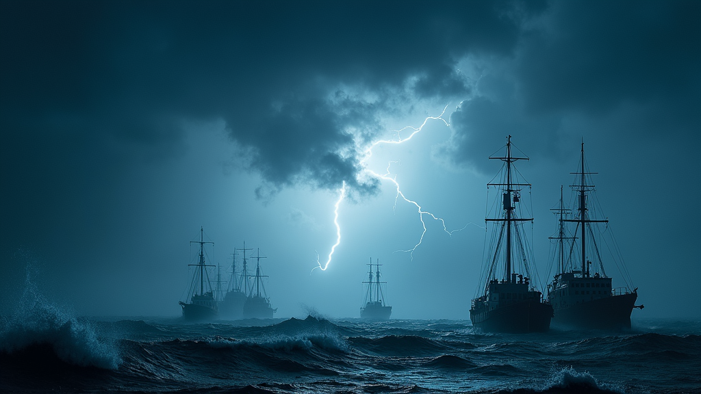 A electrifying wallpaper featuring a thunderstorm rolling in over a bustling seaport. Ships are seen silhouetted against the horizon, battling the elements under a sky full of angry clouds and powerful lightning. The sea churns wildly, its surface broken by gusting winds and torrential rain, adding an element of suspense to the maritime scene.