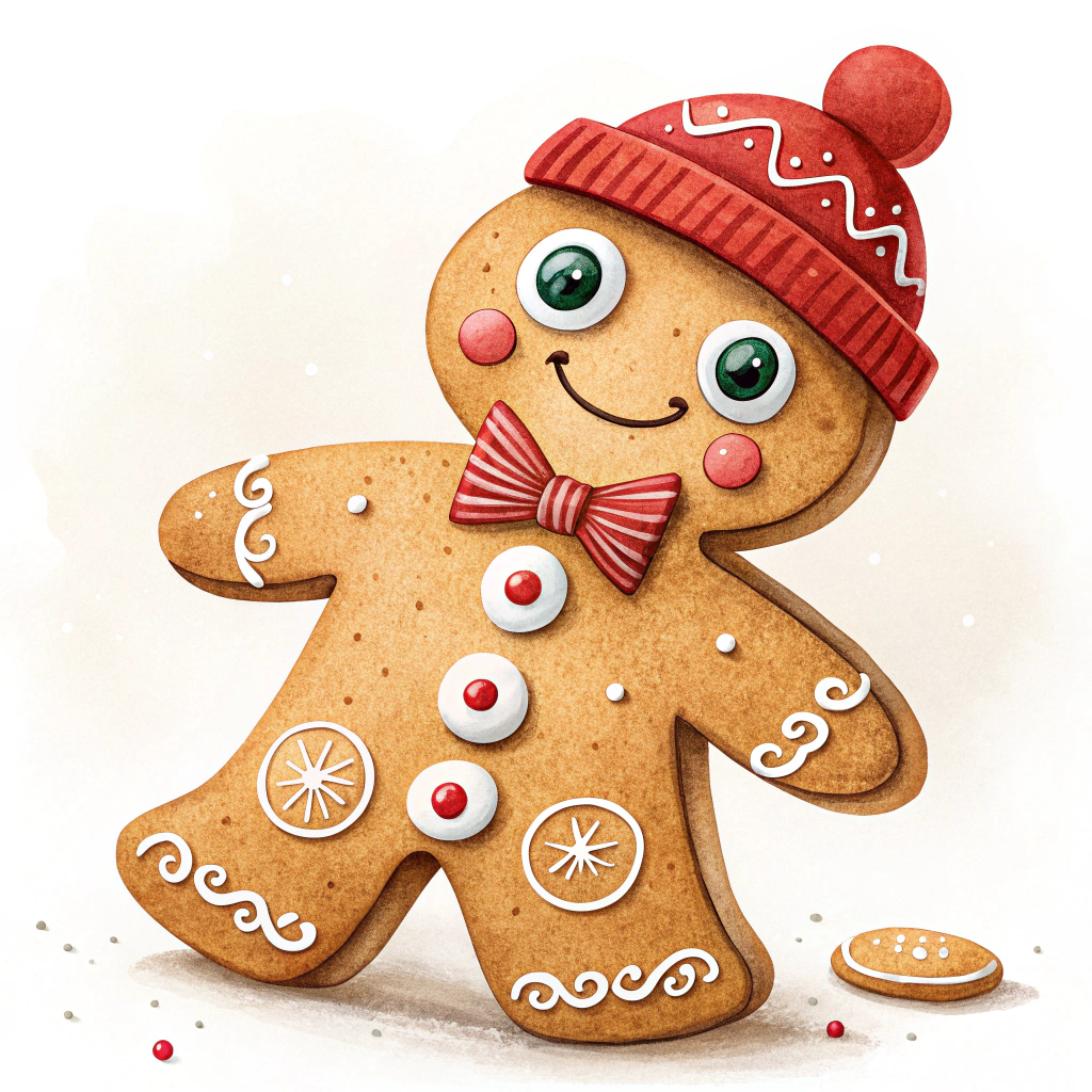 The image shows a gingerbread man wearing a red hat and bow tie, with a white background. The gingerbread is decorated with colorful icing and sprinkles, giving it a festive look.