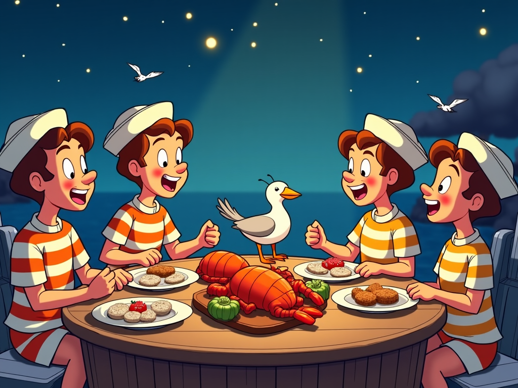 Cartoon characters gather eagerly for a Thanksgiving dinner under a starlit grilling setup. The table, designed like a trawler's deck, holds an eclectic seafood spread with clams, crab cakes, and lobster. Characters, clad in sailor-inspired outfits, share hearty laughs while a seagull comically swoops for a snack, blending adventure with festivity.