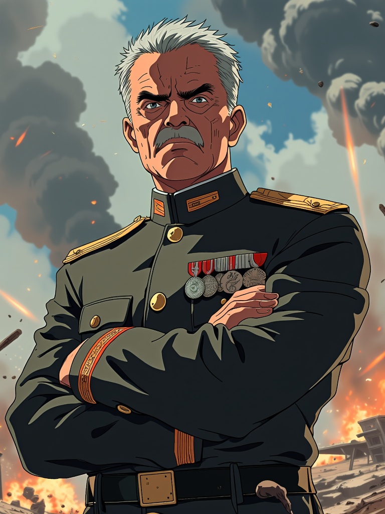 The image is an illustration of a man in a military uniform standing with his arms crossed in front of a raging fire. The man appears to be in his late 40s or early 50s, with grey hair and a mustache. He has a serious expression on his face and is looking directly at the viewer. The background is filled with smoke and flames, and there are several buildings and structures in the distance. The overall mood of the image is tense and ominous.