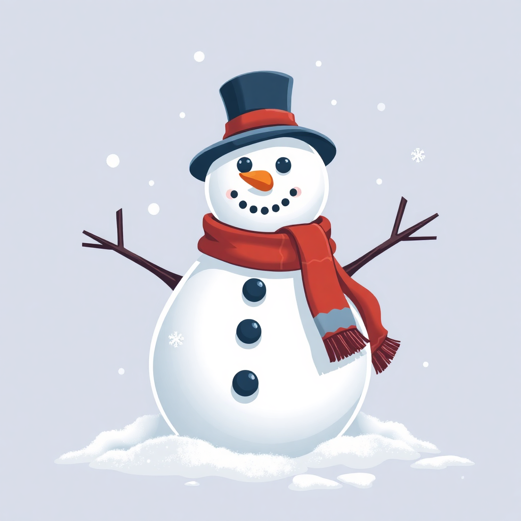 The image shows a snowman with a top hat and scarf standing in the snow. The snowman is surrounded by a blanket of white snow, creating a peaceful winter scene.