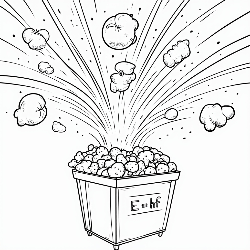 Photon Popcorn Machine: A whimsical popcorn machine, perhaps labeled 'E = hf'. Instead of popcorn, it's popping out distinct kernels of light (photons) in bursts. Each 'lightcorn' can be colored individually, emphasizing the quantized nature. Some could be small (low energy), some large (high energy).