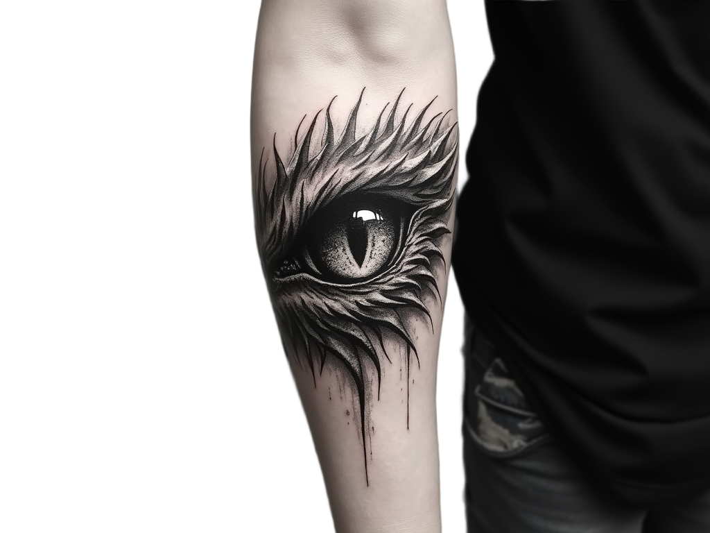 A dragon's eye tattoo focuses intently on a forearm, the intricate patterning around it giving an illusion of the creature peering from another realm.