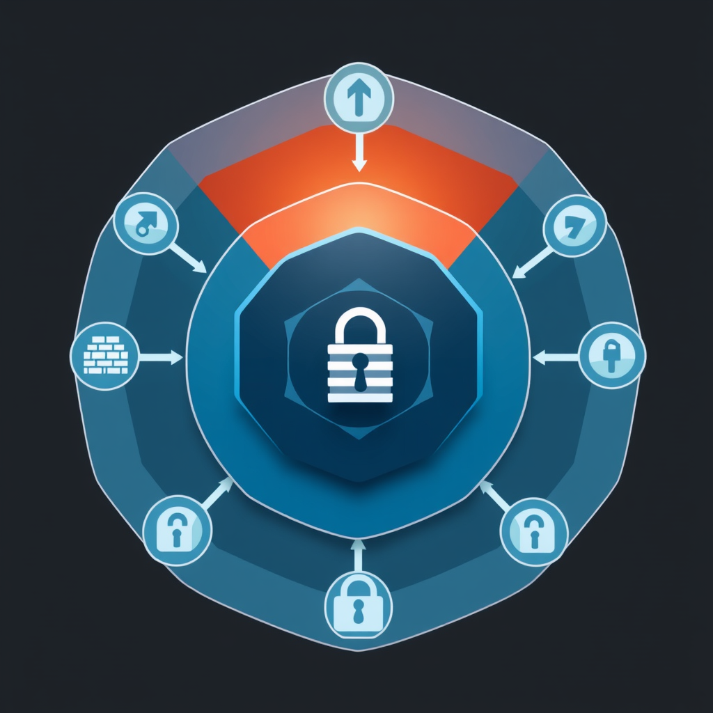 A central core symbol representing protected assets or a primary data hub. Around this core, multiple concentric rings or hexagonal layers depict various levels of security. Each ring/layer could have distinct protection icons (e.g., firewall brick pattern, encryption keyhole) interconnected both within their layer and to adjacent layers, visually deflecting abstract incoming threat arrows from the periphery.