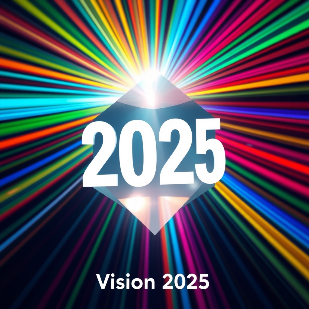 Refractive Vision: Features '2025' positioned as if seen through a prism or lens, diffracting light into vibrant, forward-sweeping color trails representing diverse paths towards the future, emphasizing 'Vision 2025' and dynamism.